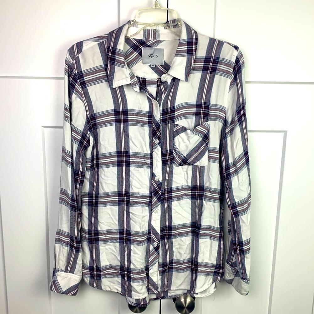 Rails MEDIUM blouse White Blue Plaid Boyfriend Hunter Shirt Button Up